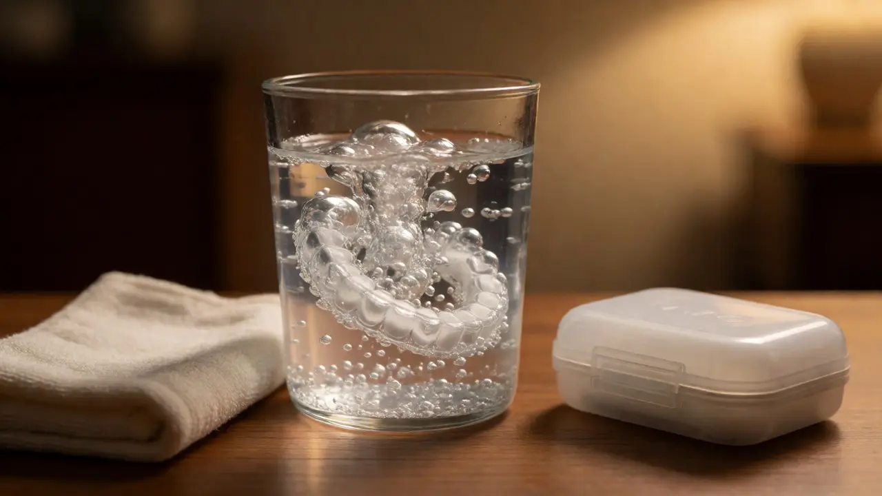 Retainer namočený v bublinkovém čisticím roztoku s tabletou