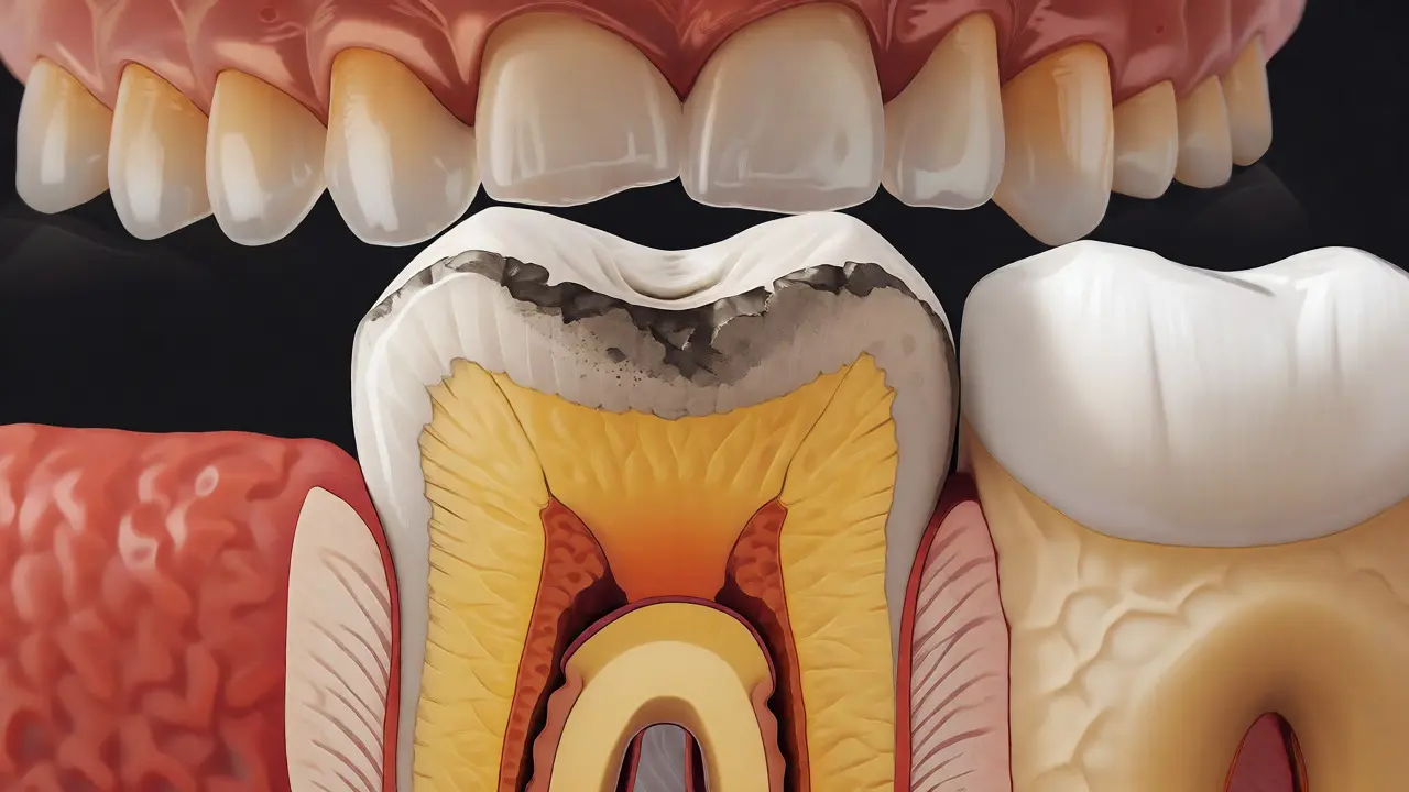 Řez zubem ukazující opotřebenou sklovinu a odhalený dentin