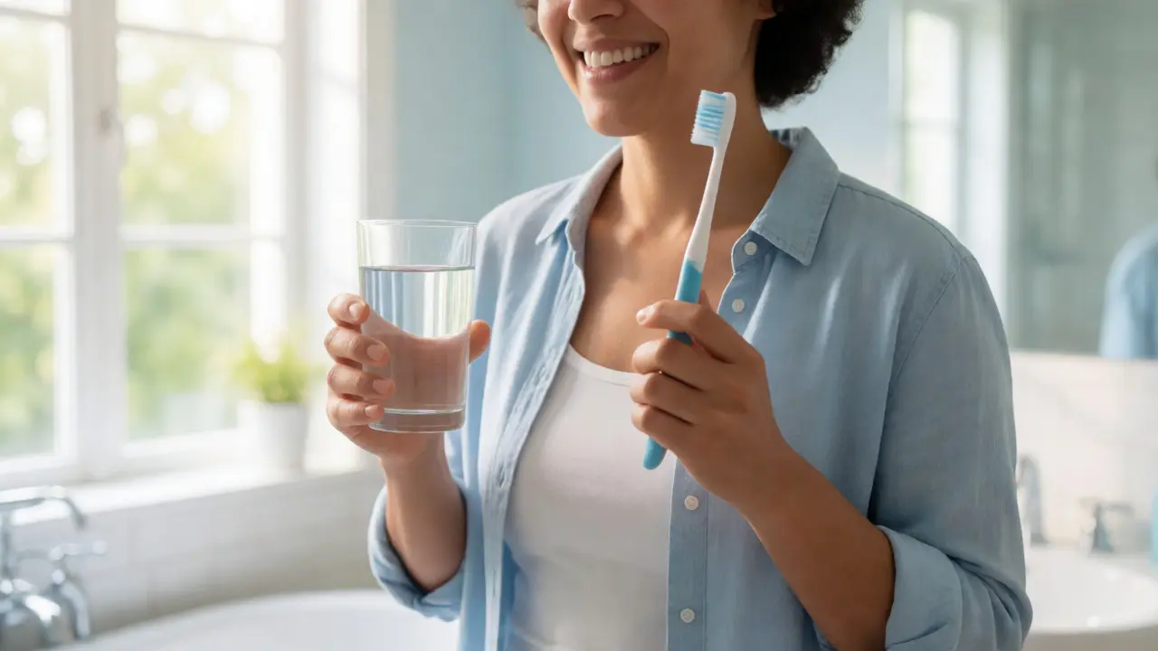 Spokojená osoba se zdravým úsměvem drží sklenici vody a kartáček