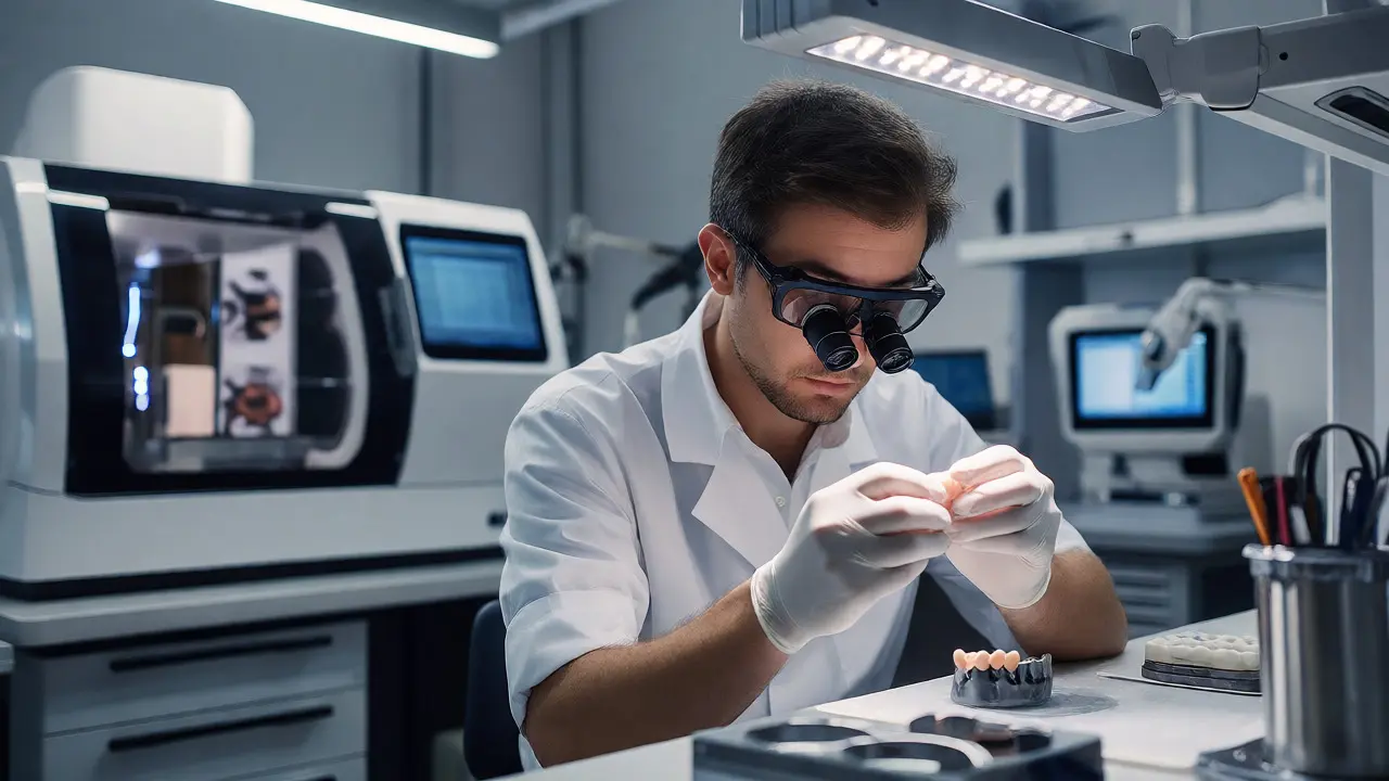 Zubní technik zkoumá keramickou korunku v moderní laboratoři