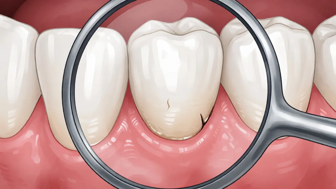 Detailní pohled na zub s prasklinou odražený v dentálním zrcátku
