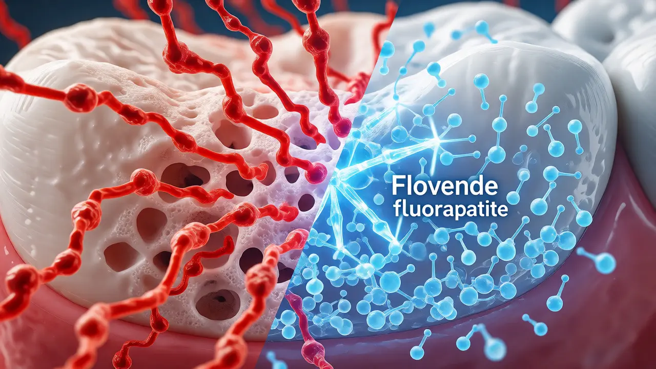 Ilustrace ochranné vrstvy fluoridu proti kyselinám na zubní sklovině