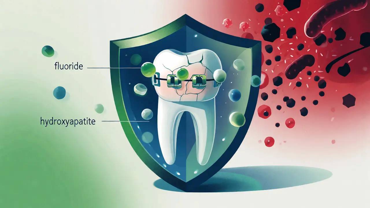 Ilustrace ochrany skloviny fluoridem před abrazivními látkami