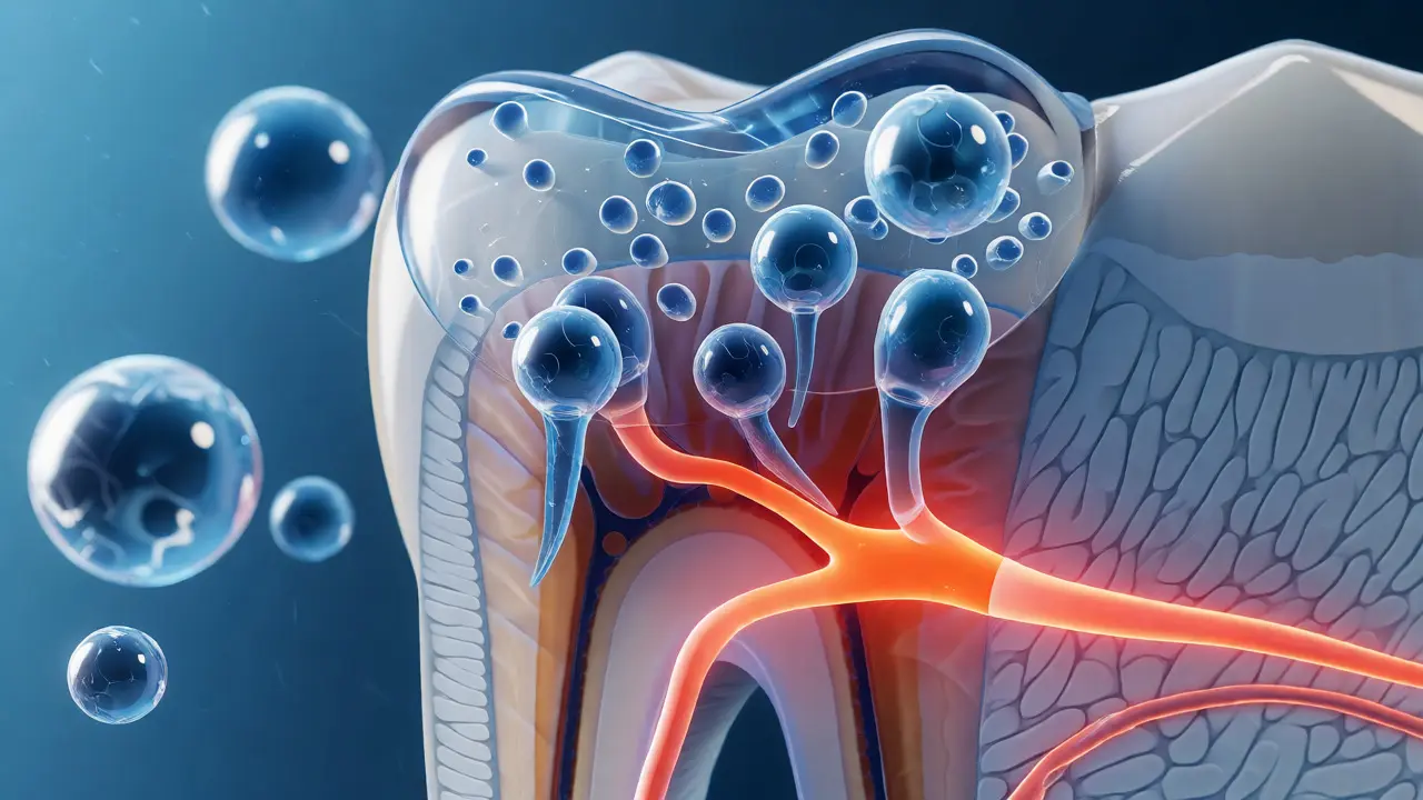 Ilustrace otevřených dentinových tubulů a citlivosti zubu