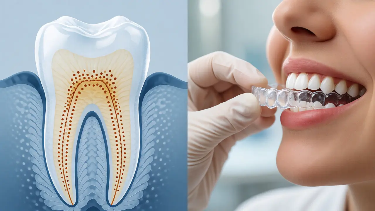 Ilustrace struktury zubu s vrstvami skloviny a dentinu vedle aplikace bělicího gelu v ordinaci.