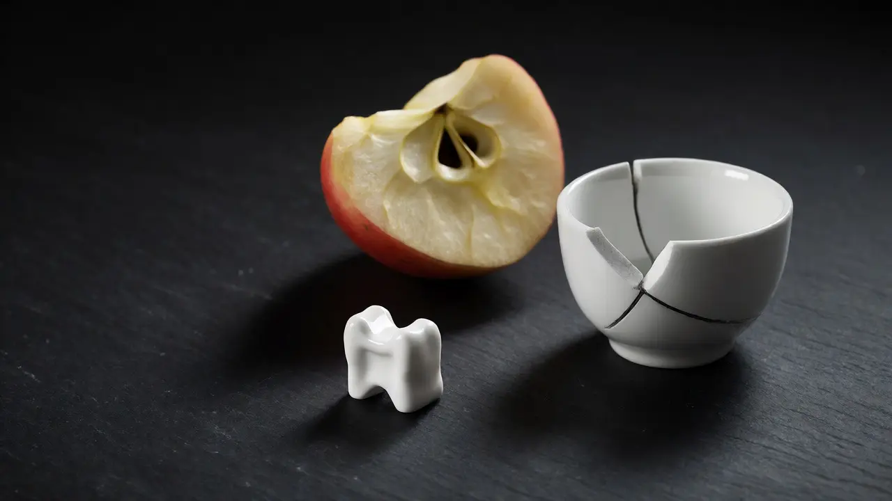 Keramický zámeček vedle rozbitého porcelánu ilustrující křehkost