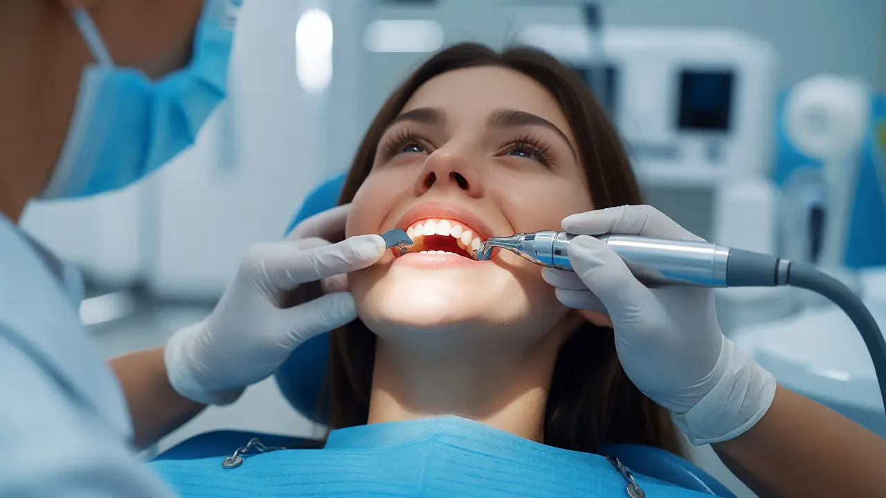 Profesionální čištění zubů ultrazvukem v ordinaci dentální hygienistky.