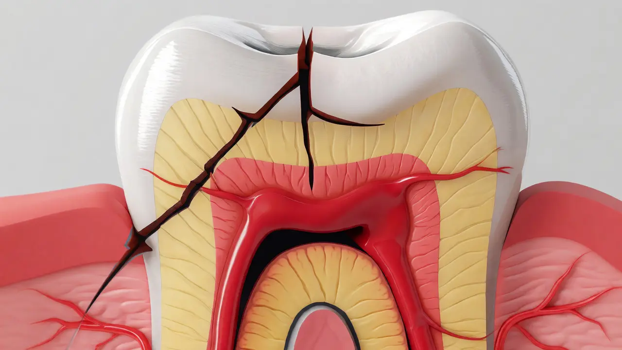 Průřez zuba ukazující prasklinu sahající do citlivého dentinu