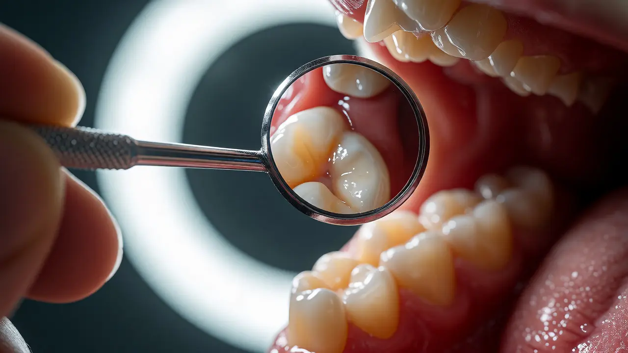 Ruka držící dentální zrcátko v ústech pro kontrolu zadních zubů
