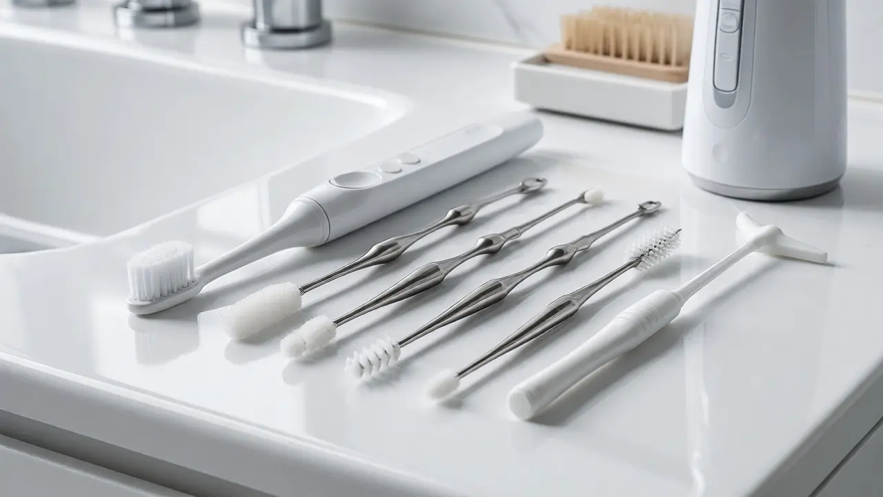 Sada nástrojů pro hygienu zubních implantátů včetně mezizubních kartáčků