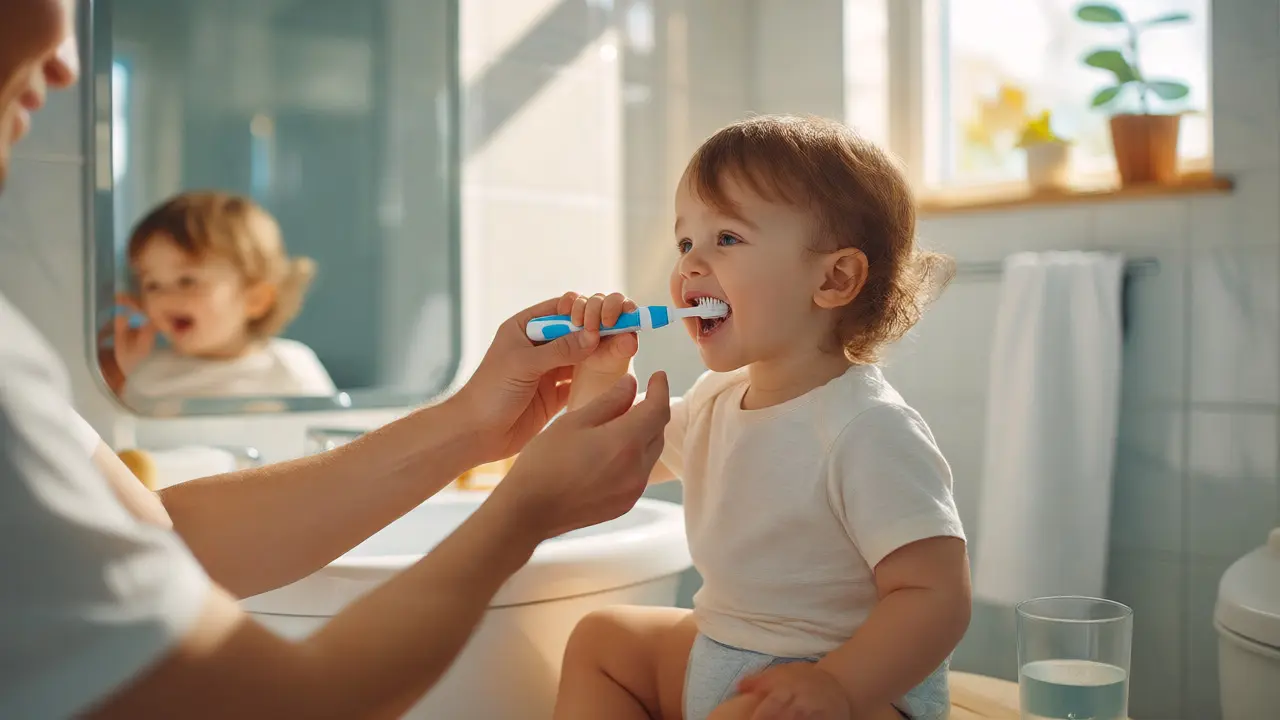 Toddler si čistí zuby s pomocí rodiče