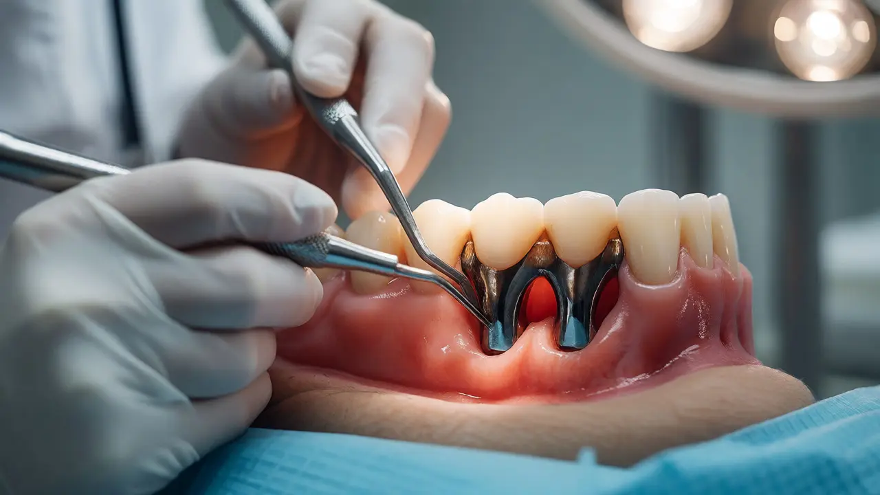 Zubní lékař provádí kyretáž a čištění kořenů zubu