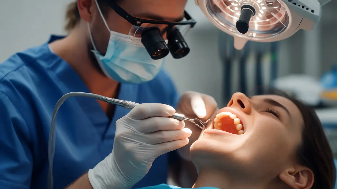 Zubní lékař provádí kyretáž kořene zubu speciálním nástrojem